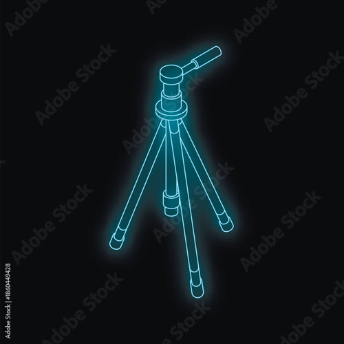 Glowing neon blue tripod on a black background, representing photography, videography, and stability