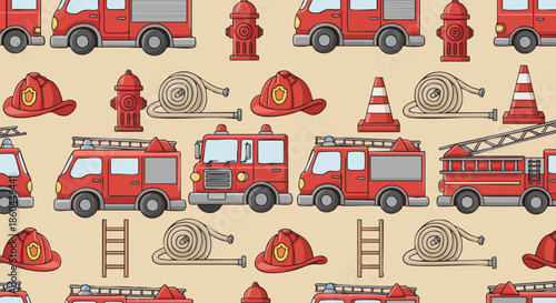 Seamless Pattern of Cute Firefighter Equipment and Vehicles for Kids.