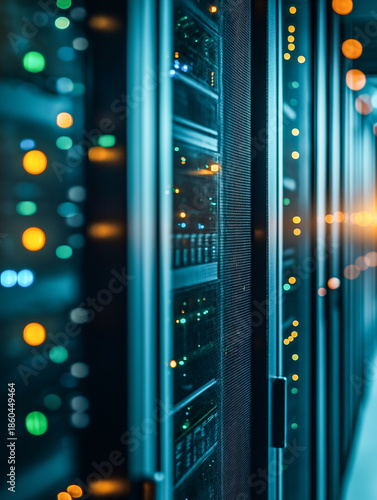 Data center server racks illuminate with internal lights, showcasing advanced technology and digital infrastructure.