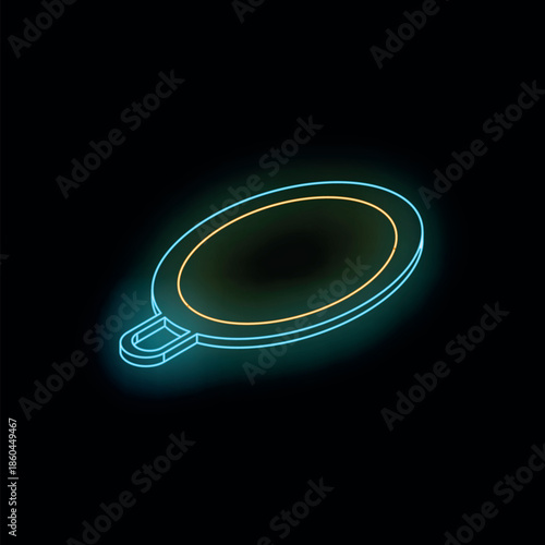 Neon frying pan shining in dark background, isometric kitchen utensil icon