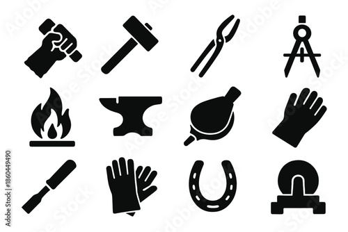 Blacksmith Tools Icons. Solid style icons of Artisan Blacksmith: Hand-Forged, Hammer, Tongs, Custom Design, Forge Fire, Anvil,