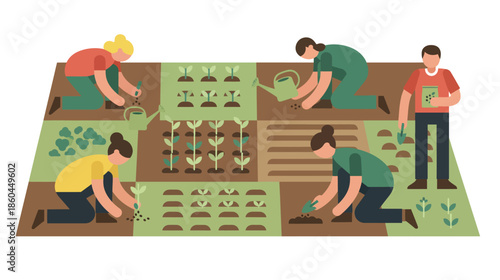 Diverse group of people working together in a community garden planting vegetables and tending to crops