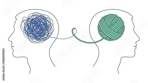 Mental health concept illustrated by two human heads connected through a continuous line brain in blue and green vector style.