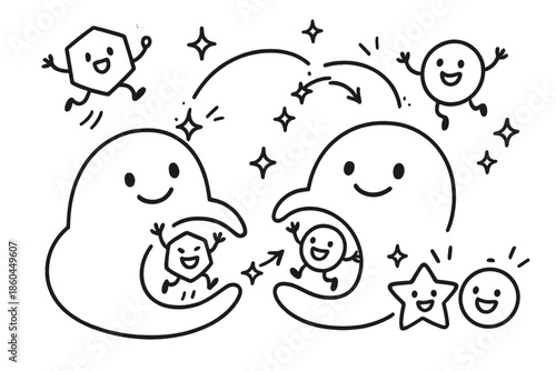 Cheerful Catalysis Workshop. Magical doodle catalytic reaction workshop with smiling enzymes, cartoon molecules jumping into