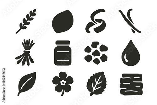 Botanical Extract Icons. Solid style icons of Botanical extracts: lavender sprig, rose petal, citrus peel, vanilla pod, herb