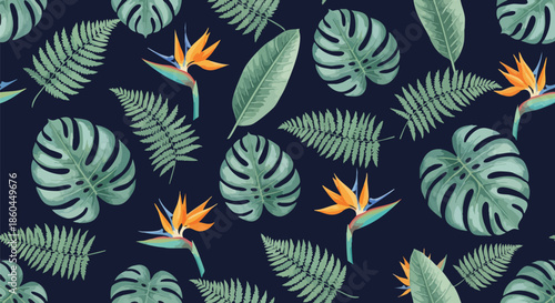Seamless Tropical Pattern with Palm Leaves, Monstera and Bird of Paradise Flowers.