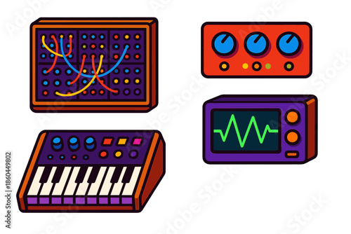 Colorful Analog Synthesizers. Isometric vector illustration set Analog Synthesizers: modular rack, keyboard synthesizer, control