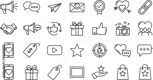 Complete set of social media engagement and digital marketing line icons featuring megaphones hearts likes gift boxes video players and brand loyalty symbols