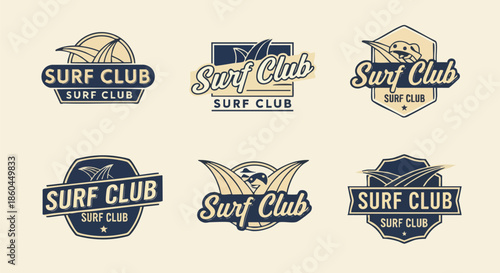 Set of Vintage Surf Club Logos and Emblems with Waves and Sun Elements, Perfect for Branding.