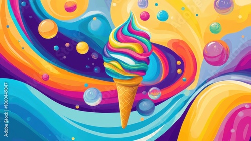 Vibrant, swirling abstract background featuring a brightly colored, multilayered ice cream cone surrounded by colorful floating spheres