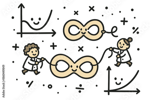 Joyful Math Doodles. Cute doodle renormalization illustration with smiling graphs, cartoon infinities being tamed by cheerful tiny