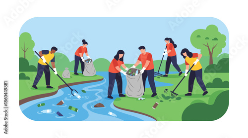 Group of volunteers cleaning up a polluted river and its banks