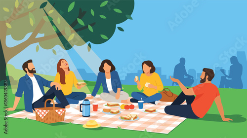 Group of friends enjoying a sunny picnic in the park