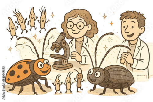 Cheerful Beetle Workshop. Magical doodle antenna biomechanics workshop with cheerful beetles, cartoon sensory hairs dancing,