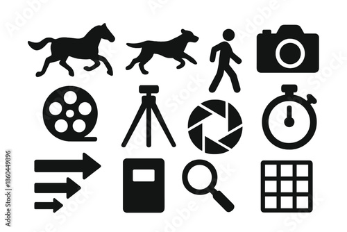 Motion Study Icons. Solid style icons of zoopraxography and motion studies: horse, running dog, walking human, camera, film reel,