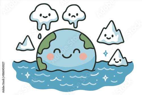 Happy Oceans and Melting Glaciers. Cheerful doodle contribution to sea level rise with happy oceans, cartoon melting glaciers with