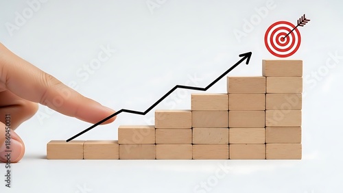 A hand gently touches a rising graph made of building blocks culminating in a target hit by an arrow high quality