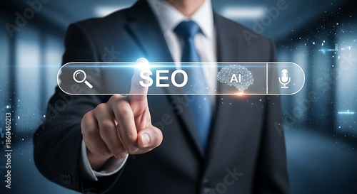 A professional in a suit points to a glowing seo search bar with artificial intelligence and voice assistant symbols high quality