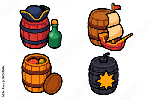 Historic Barrel Uses. Isometric vector illustration set Historic Barrel Uses: Sailor’s rum barrel, merchant shipping cask,