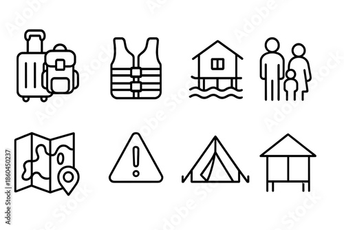 Climate Migration Icons. Line style icons of Climate Migration: Packed Belongings, Rising Sea Level, Border, New Home; Suitcase,