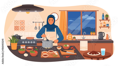 Muslim woman cooking in a modern kitchen wearing hijab