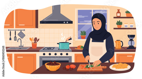Muslim woman in hijab cooking healthy food in kitchen
