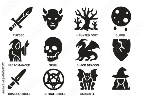 Dark Fantasy Icons. Solid style icons of Dark Fantasy: Cursed Sword, Demon, Haunted Forest, Blood Moon, Necromancer, Skull, Black
