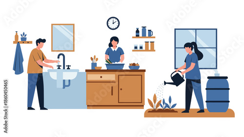 People engaged in domestic and gardening activities