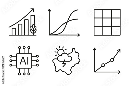 Yield Prediction Icons. Line style icons of yield prediction algorithms: crop growth graph, predictive model curve, data matrix