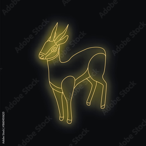 Stylized yellow neon glowing outline of a small dik dik gazelle standing against a dark background