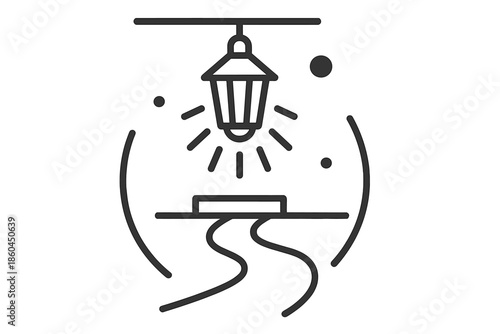 Glowing Porch Lantern. Line style icons of a glowing porch light illuminating a path: hanging lantern icon, radiating light beams,