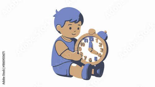 A young child holding an alarm clock in a sitting position on the floor