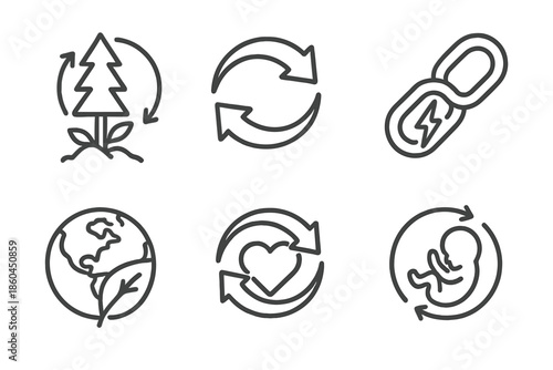 Eco Resource Icons. Line style icons of natural resource sustainers: forest regeneration symbol, cyclical harvest arrows,