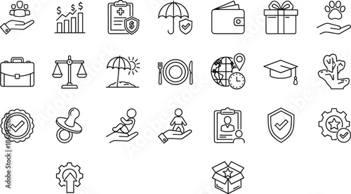 Complete set of employee benefits and social security line icons featuring family care health insurance financial growth travel perks and retirement planning symbols