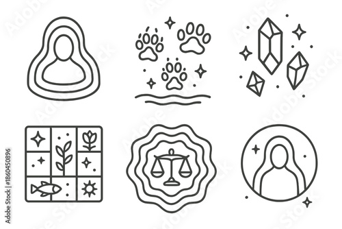 Ethereal Biodiversity Icons. Line style icons of ethereal biodiversity keepers: layered dimension outline, spectral animal tracks,