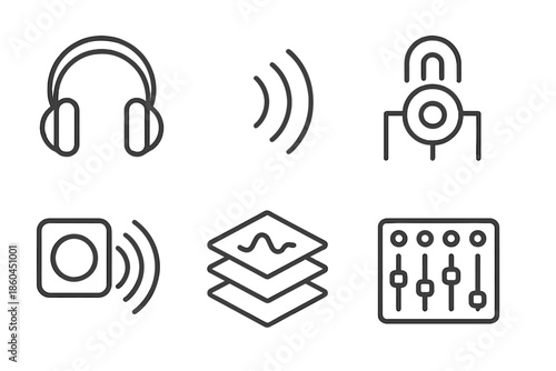 Immersive Sound Icons. Line style icons of immersive sound design: binaural headphones, ambient sound waves, resonance generator,
