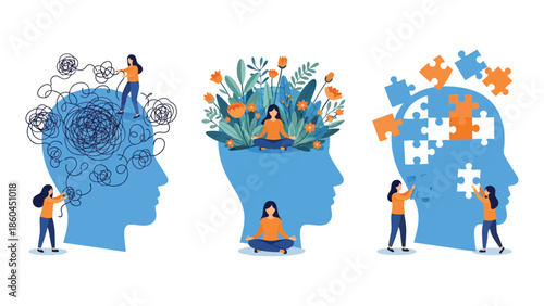 Mental health illustration set showing characters coping with stress, depression, emotional burnout, and other psychological disorders