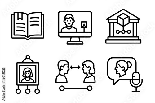 Legacy Continuity Icons. Line style icons of legacy continuity systems: story preservation device, digital ancestor interface,