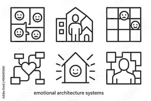 Emotional Architecture Icons. Line style icons of emotional architecture systems: mood-based floor plan, empathic structure model,