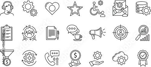 Professional business management and customer support line icons featuring technical assistance gears help desk operators strategic analytics and marketing communication symbols