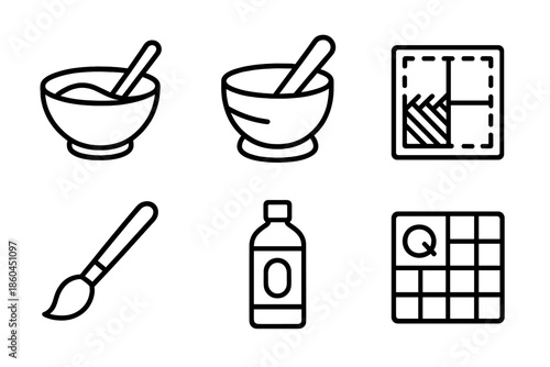 Traditional Color Revivers. Line style icons of traditional color revivers: dye mixing bowl, natural pigment mortar, heritage