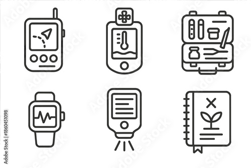 Radical Survival Icons. Line style icons of radical survival documenters: exploration log device, environmental stress recorder,