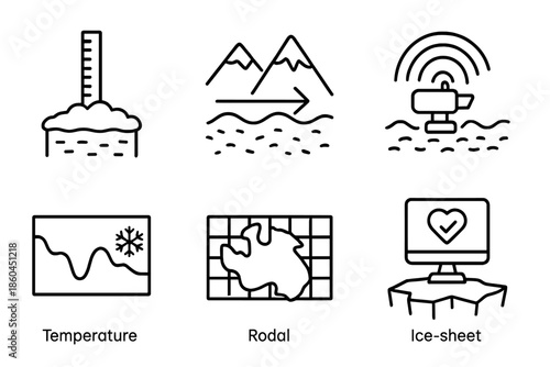 Ice Monitoring Icons. Line style icons of ice and snow monitoring systems: snowpack thickness gauge, glacial flow diagram, frozen