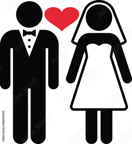 A pictogram illustration of a bride and groom standing together with a red heart symbol