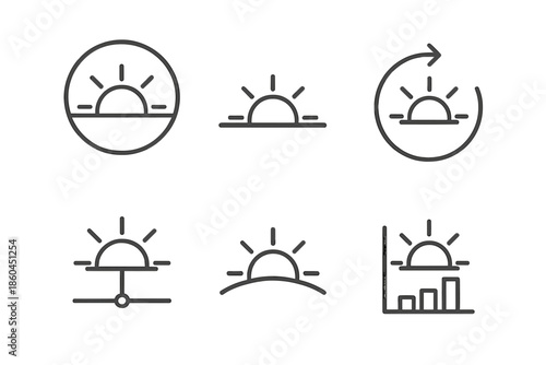 Sunrise Iconography. Line style icons of sunrise as new beginning markers: rising sun dial, horizon start point, dawn cycle
