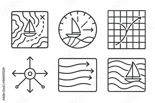 Aerodynamic Tool Icons. Line style icons of aerodynamic guidance tools: sail alignment map, optimal wind angle diagram, trajectory
