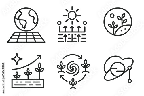 Celestial Agriculture Icons. Line style icons of celestial agriculture systems: planetary farm grid, cosmic energy distribution
