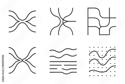 Liquid Unity Icons. Line style icons of liquid unity formations: combined flow patterns, harmonious stream nodes, merged water