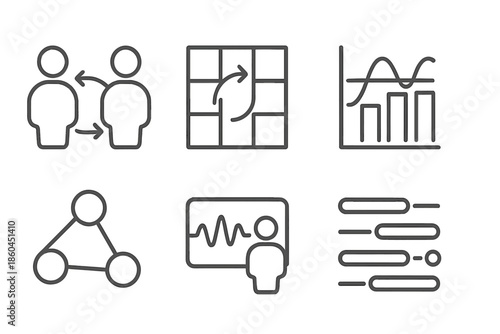 Quiet Sync Icons. Line style icons of quiet synchronization tools: synchronized motion diagram, flow coordination grid, timing