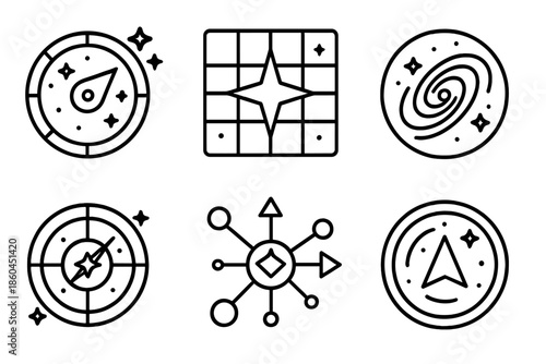 Universe Navigation Icons. Line style icons of universe navigation tools: celestial compass interface, star alignment grid, galaxy